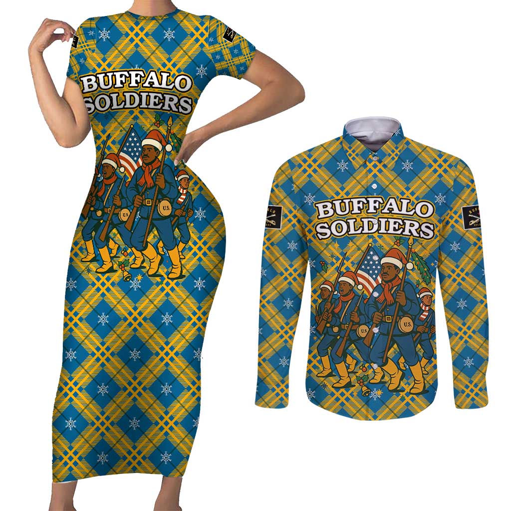Buffalo Soldiers Christmas Couples Matching Short Sleeve Bodycon Dress and Long Sleeve Button Shirt with Blue Yellow Plaid Parade Illustration Design - Wonder Print Shop
