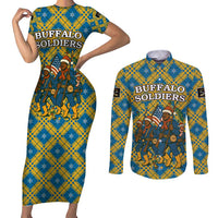 Buffalo Soldiers Christmas Couples Matching Short Sleeve Bodycon Dress and Long Sleeve Button Shirt with Blue Yellow Plaid Parade Illustration Design - Wonder Print Shop