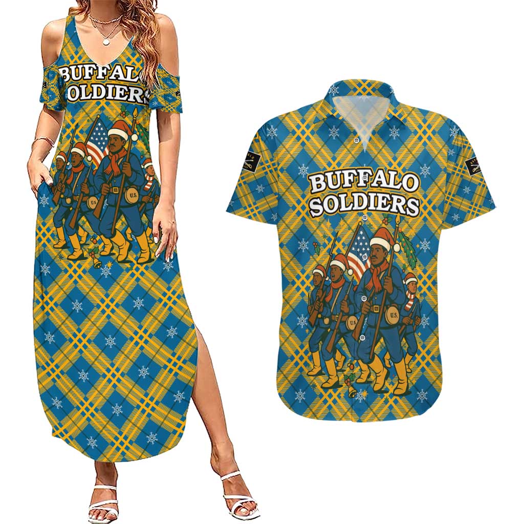 Buffalo Soldiers Christmas Couples Matching Summer Maxi Dress and Hawaiian Shirt with Blue Yellow Plaid Parade Illustration Design - Wonder Print Shop