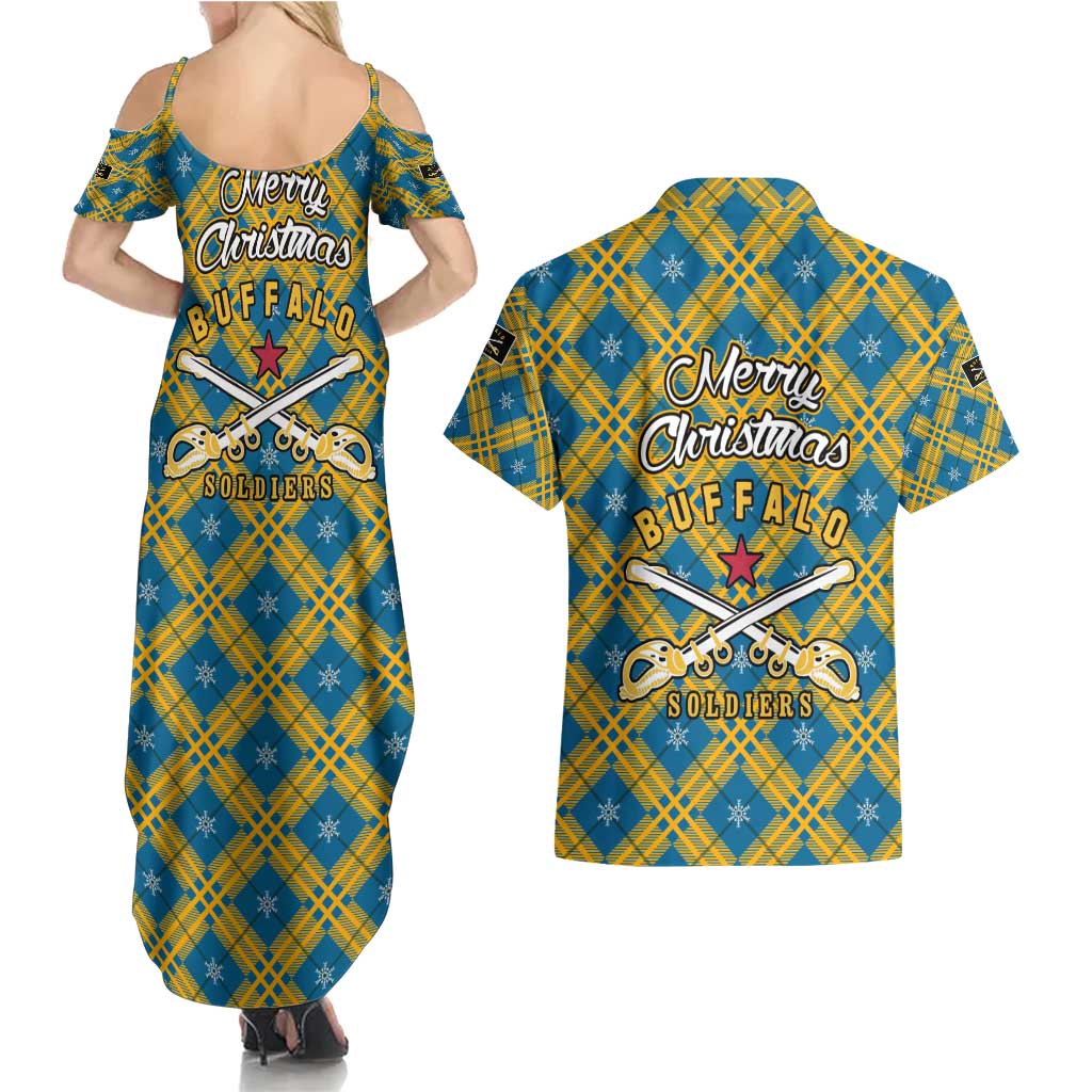 Buffalo Soldiers Christmas Couples Matching Summer Maxi Dress and Hawaiian Shirt with Blue Yellow Plaid Parade Illustration Design - Wonder Print Shop