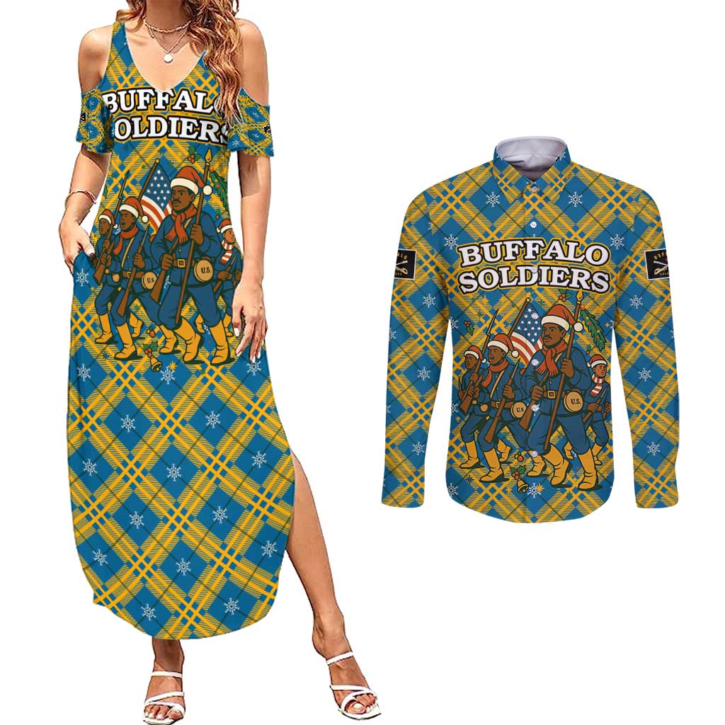 Buffalo Soldiers Christmas Couples Matching Summer Maxi Dress and Long Sleeve Button Shirt with Blue Yellow Plaid Parade Illustration Design - Wonder Print Shop