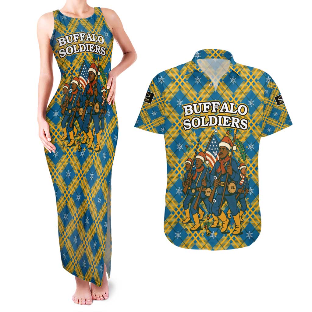 Buffalo Soldiers Christmas Couples Matching Tank Maxi Dress and Hawaiian Shirt with Blue Yellow Plaid Parade Illustration Design - Wonder Print Shop