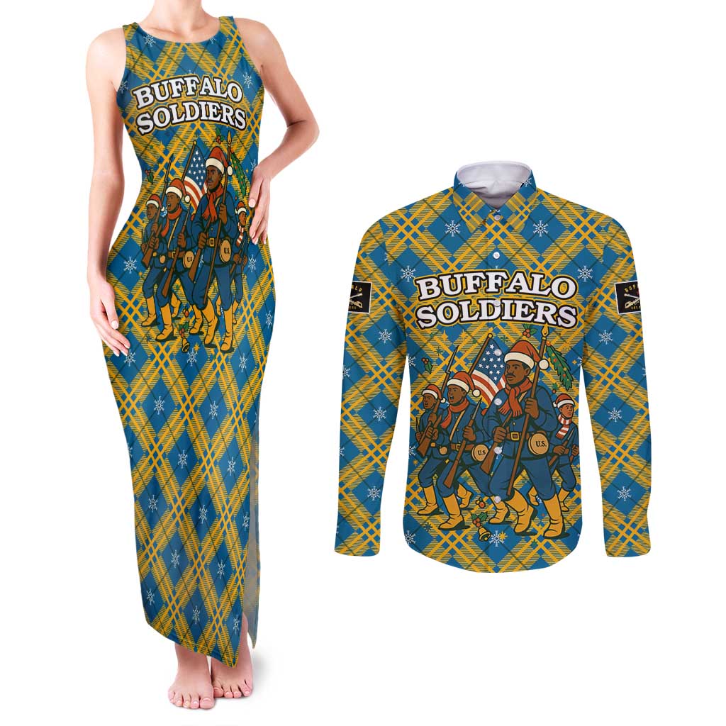 Buffalo Soldiers Christmas Couples Matching Tank Maxi Dress and Long Sleeve Button Shirt with Blue Yellow Plaid Parade Illustration Design - Wonder Print Shop