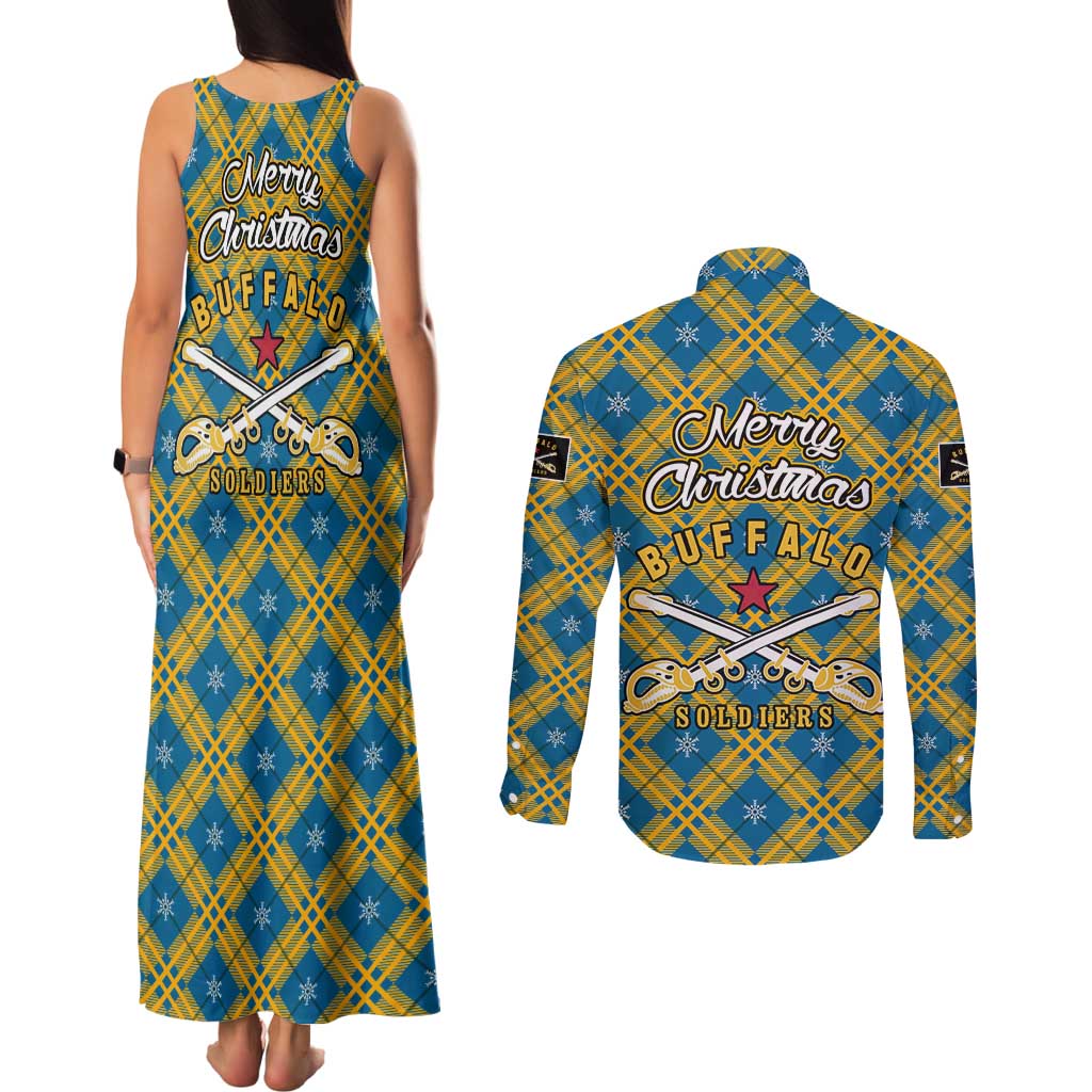 Buffalo Soldiers Christmas Couples Matching Tank Maxi Dress and Long Sleeve Button Shirt with Blue Yellow Plaid Parade Illustration Design - Wonder Print Shop