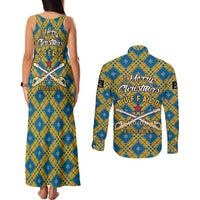 Buffalo Soldiers Christmas Couples Matching Tank Maxi Dress and Long Sleeve Button Shirt with Blue Yellow Plaid Parade Illustration Design - Wonder Print Shop