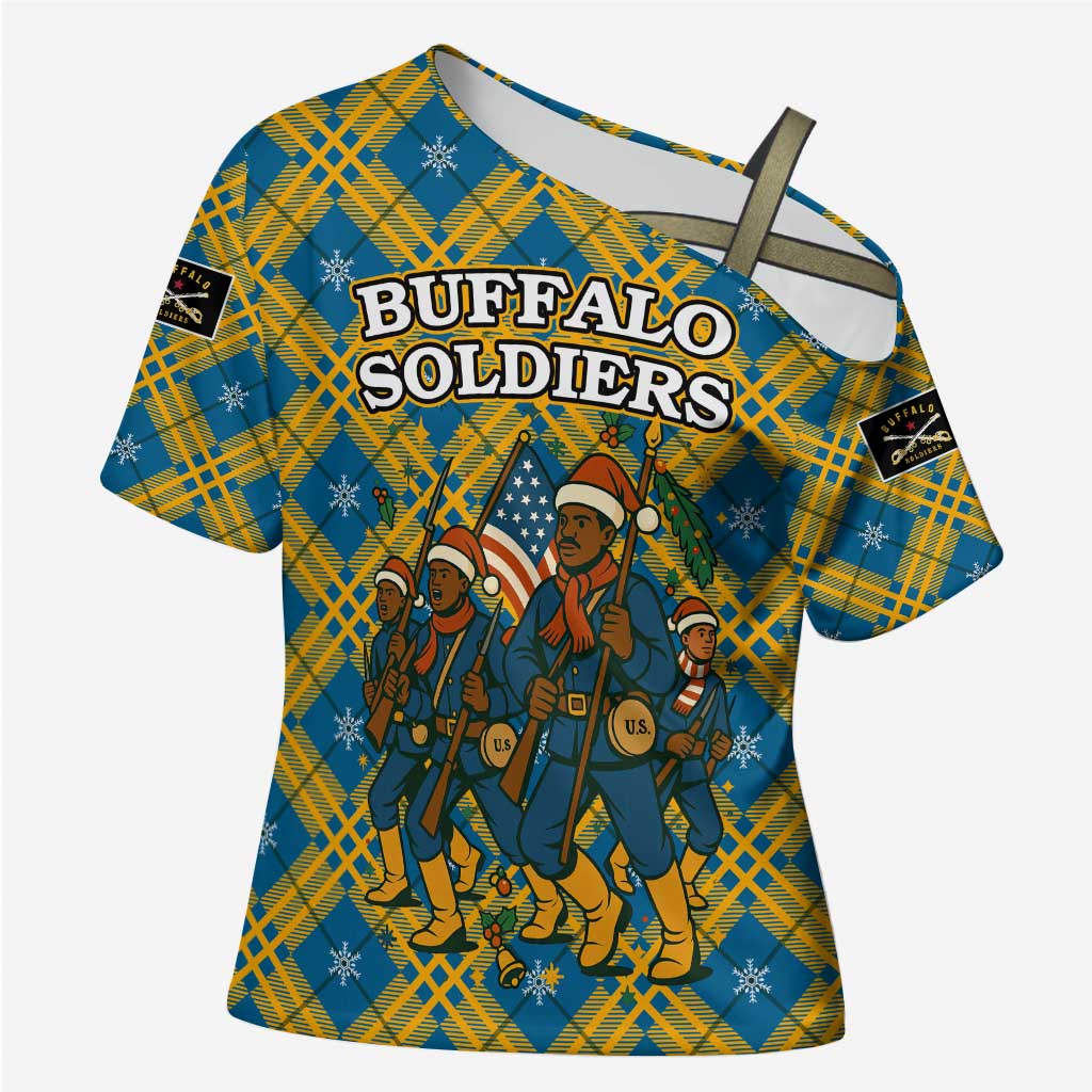 Buffalo Soldiers Christmas Cross Shoulder Shirt with Blue Yellow Plaid Parade Illustration Design - Wonder Print Shop