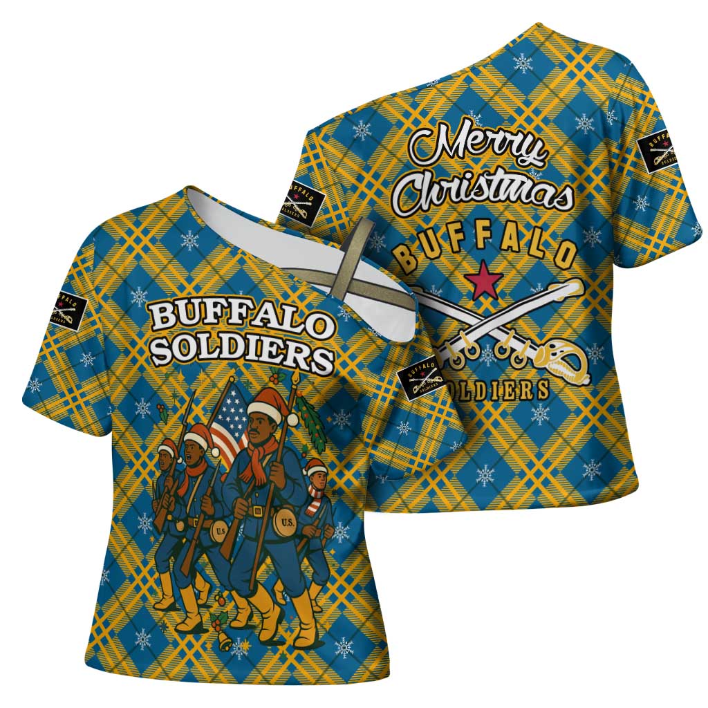 Buffalo Soldiers Christmas Cross Shoulder Shirt with Blue Yellow Plaid Parade Illustration Design - Wonder Print Shop