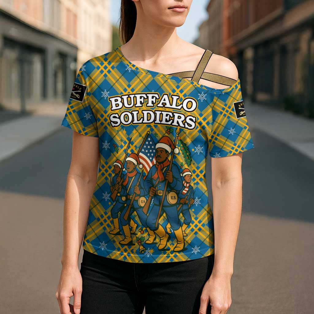 Buffalo Soldiers Christmas Cross Shoulder Shirt with Blue Yellow Plaid Parade Illustration Design - Wonder Print Shop