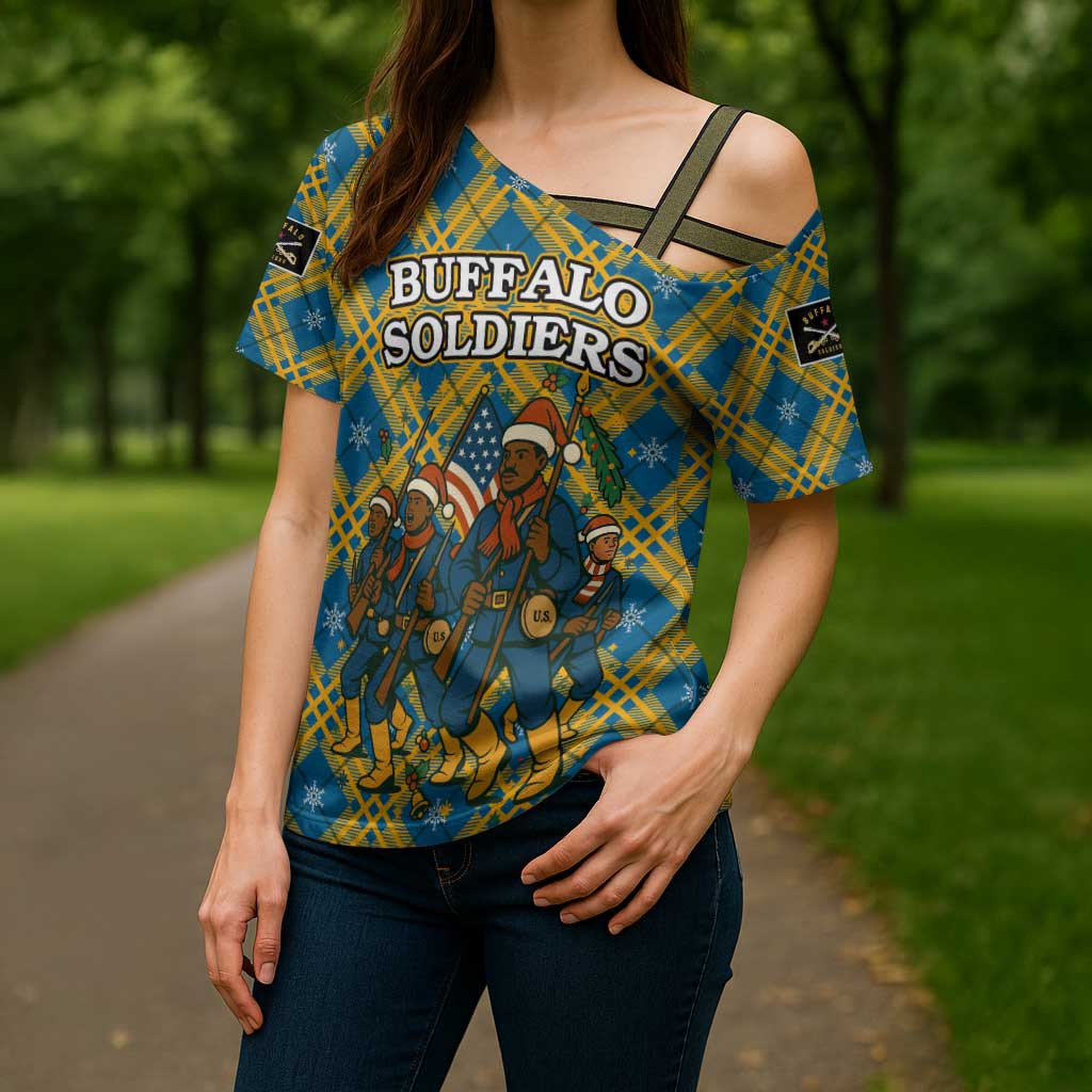 Buffalo Soldiers Christmas Cross Shoulder Shirt with Blue Yellow Plaid Parade Illustration Design - Wonder Print Shop