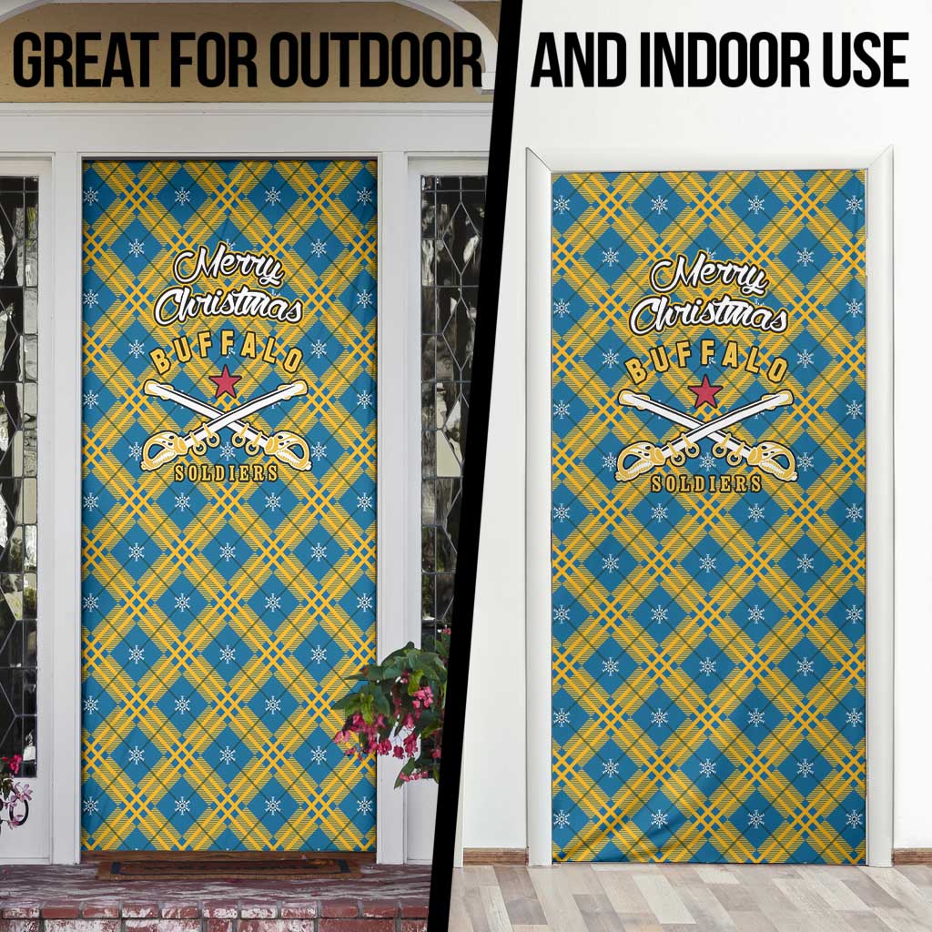 Buffalo Soldiers Christmas Door Cover with Blue Yellow Plaid Parade Illustration Design - Wonder Print Shop