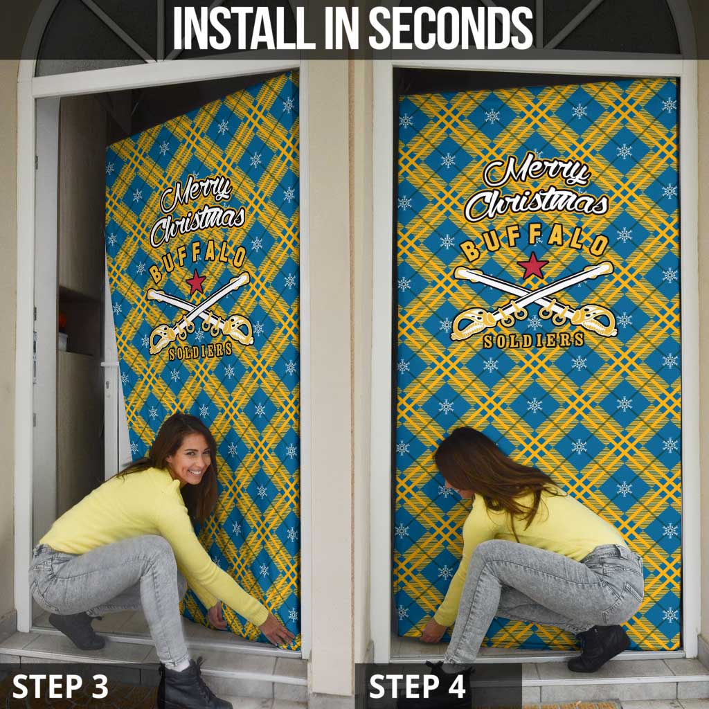 Buffalo Soldiers Christmas Door Cover with Blue Yellow Plaid Parade Illustration Design - Wonder Print Shop
