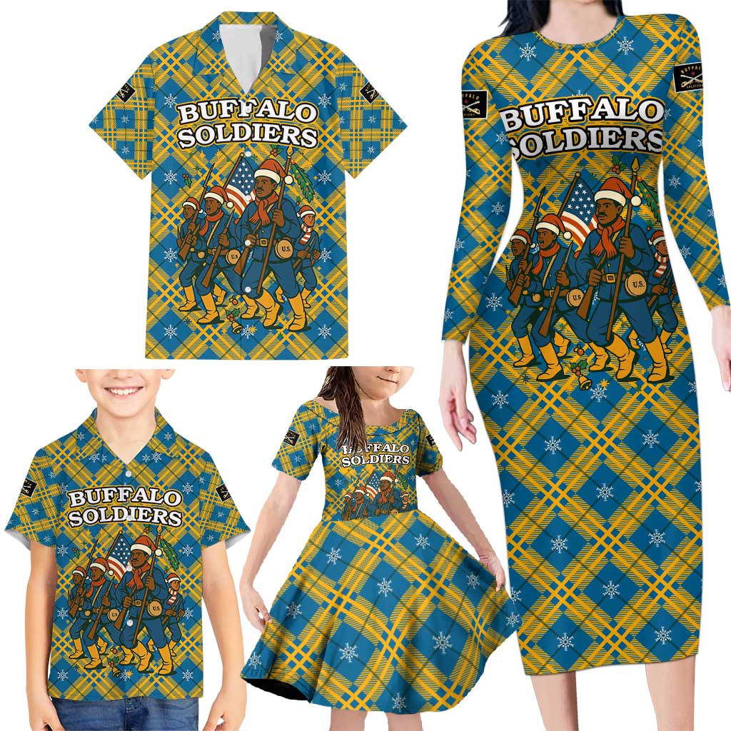 Buffalo Soldiers Christmas Family Matching Long Sleeve Bodycon Dress and Hawaiian Shirt with Blue Yellow Plaid Parade Illustration Design - Wonder Print Shop