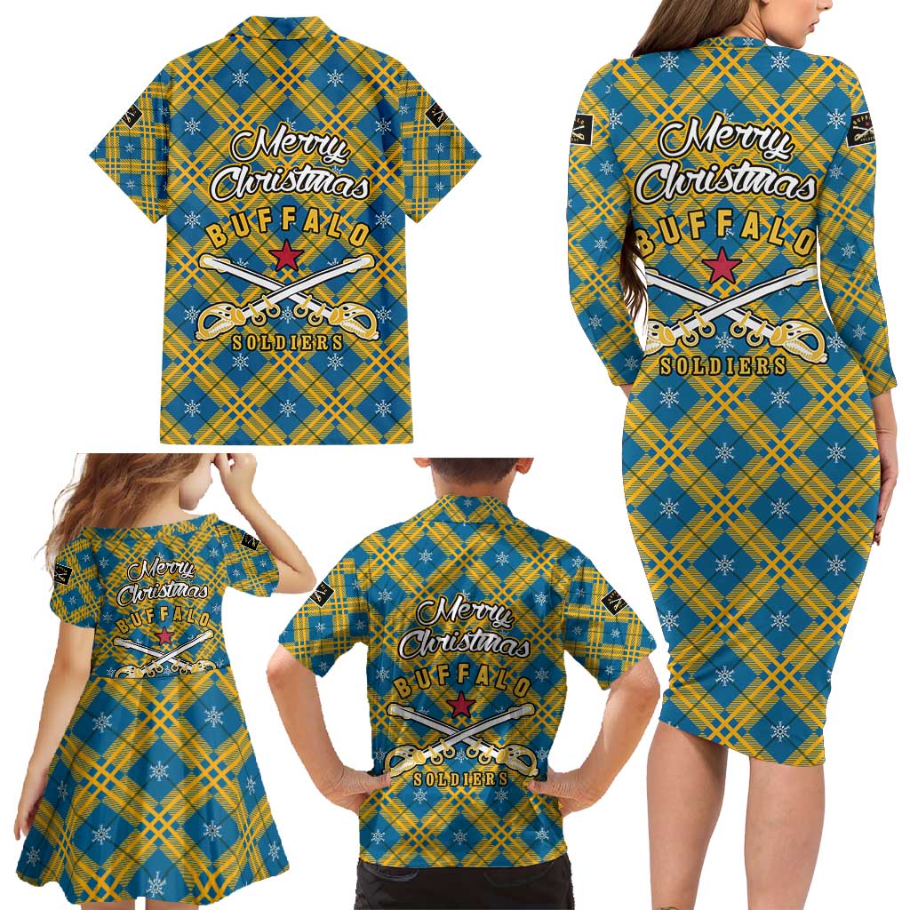 Buffalo Soldiers Christmas Family Matching Long Sleeve Bodycon Dress and Hawaiian Shirt with Blue Yellow Plaid Parade Illustration Design - Wonder Print Shop