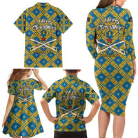 Buffalo Soldiers Christmas Family Matching Long Sleeve Bodycon Dress and Hawaiian Shirt with Blue Yellow Plaid Parade Illustration Design - Wonder Print Shop