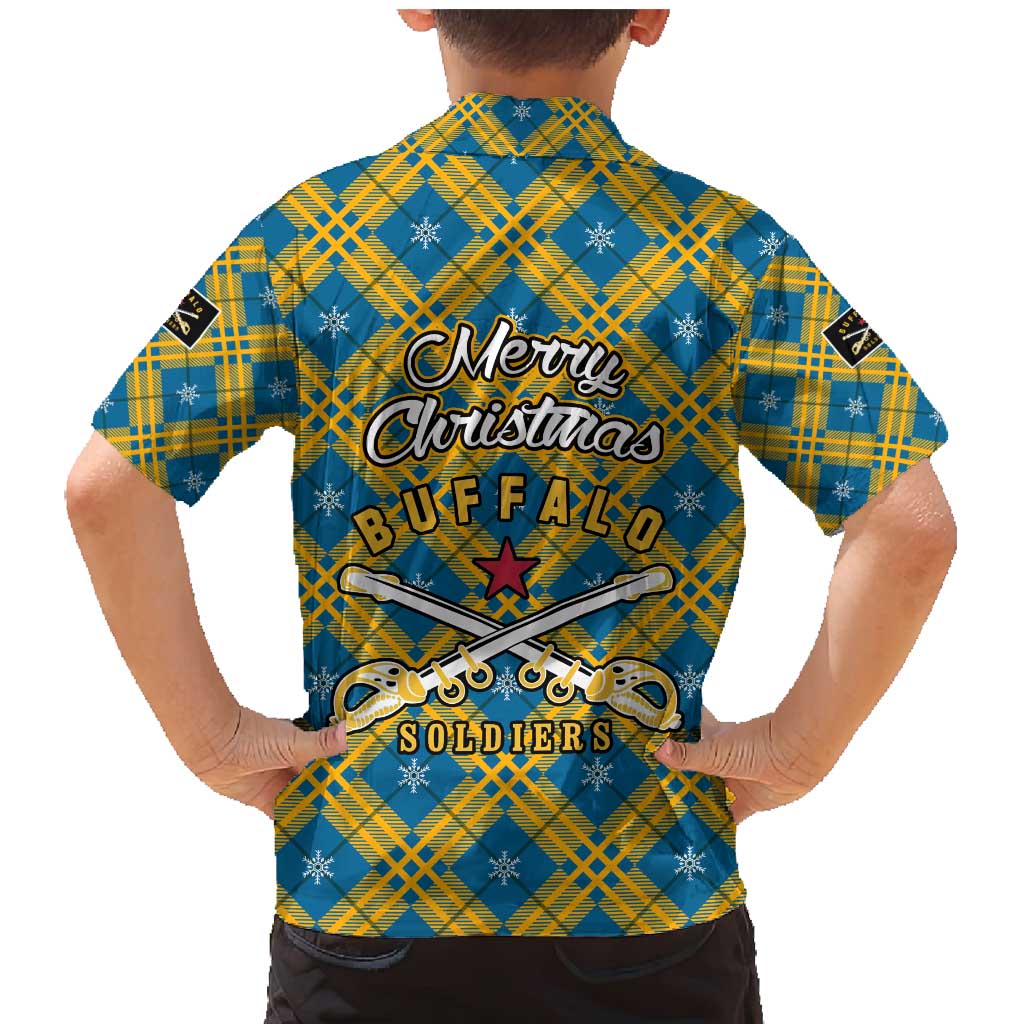 Buffalo Soldiers Christmas Family Matching Mermaid Dress and Hawaiian Shirt with Blue Yellow Plaid Parade Illustration Design - Wonder Print Shop