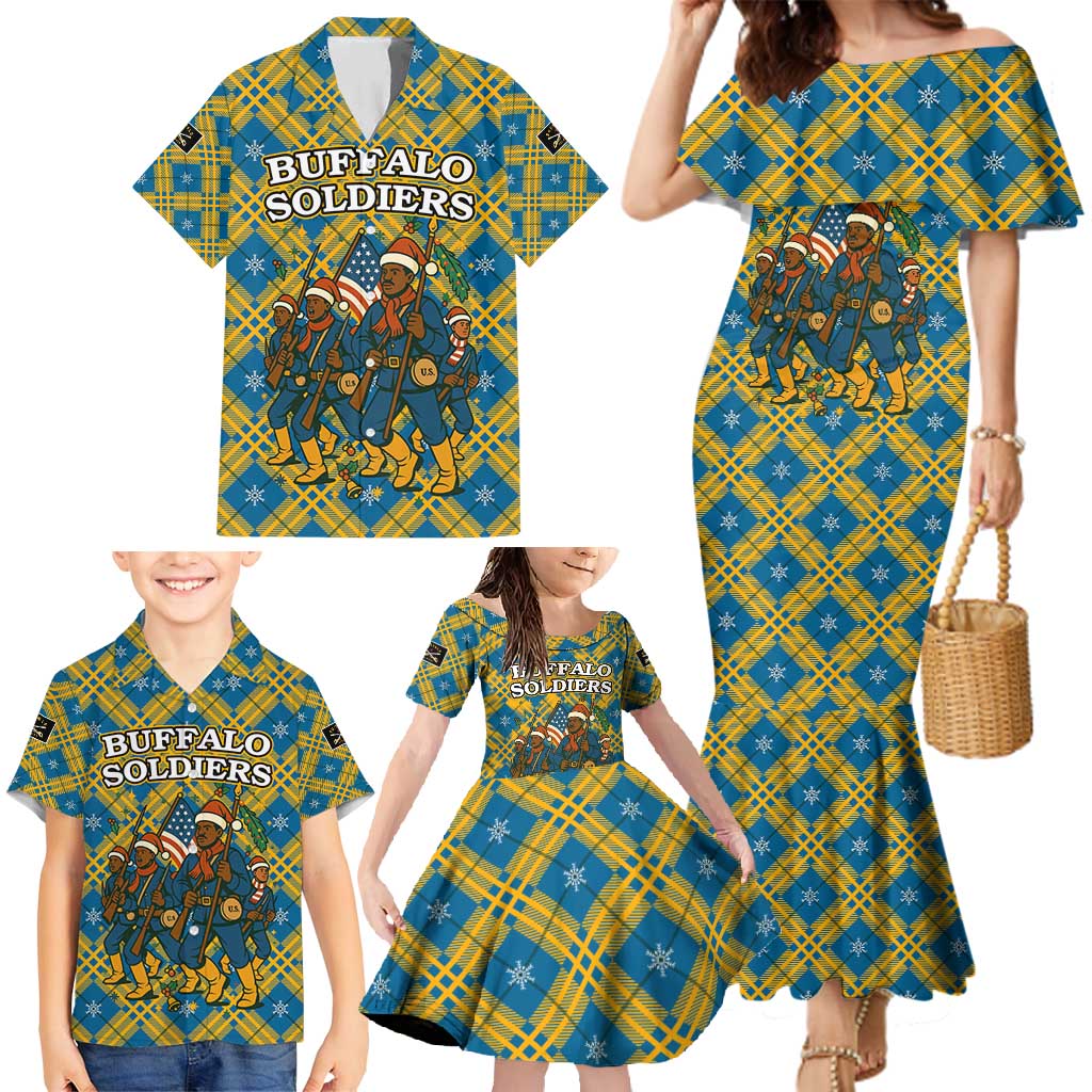 Buffalo Soldiers Christmas Family Matching Mermaid Dress and Hawaiian Shirt with Blue Yellow Plaid Parade Illustration Design - Wonder Print Shop