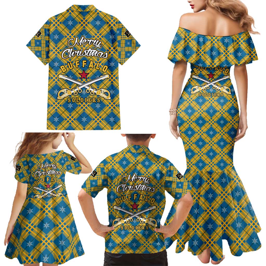 Buffalo Soldiers Christmas Family Matching Mermaid Dress and Hawaiian Shirt with Blue Yellow Plaid Parade Illustration Design - Wonder Print Shop