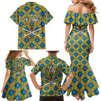 Buffalo Soldiers Christmas Family Matching Mermaid Dress and Hawaiian Shirt with Blue Yellow Plaid Parade Illustration Design - Wonder Print Shop
