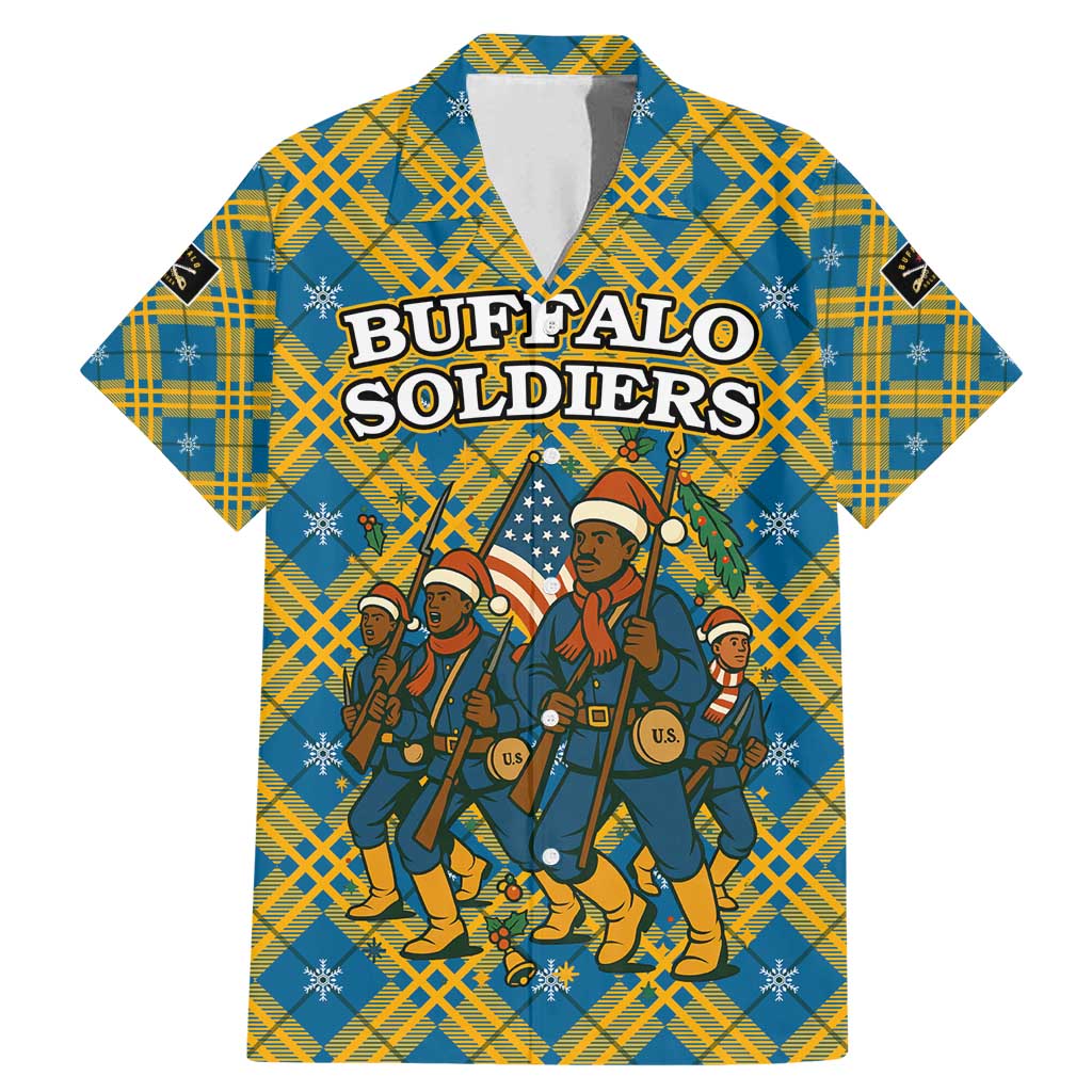 Buffalo Soldiers Christmas Family Matching Mermaid Dress and Hawaiian Shirt with Blue Yellow Plaid Parade Illustration Design - Wonder Print Shop