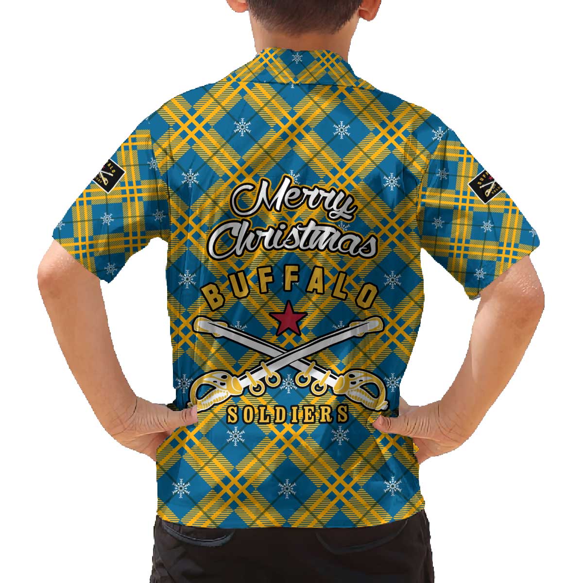 Buffalo Soldiers Christmas Family Matching Off The Shoulder Long Sleeve Dress and Hawaiian Shirt with Blue Yellow Plaid Parade Illustration Design - Wonder Print Shop