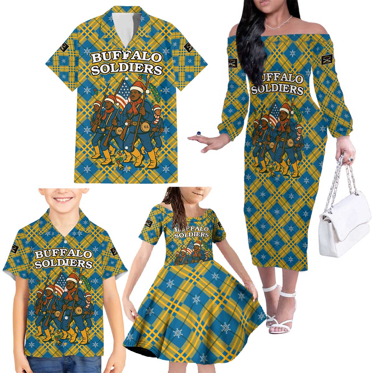 Buffalo Soldiers Christmas Family Matching Off The Shoulder Long Sleeve Dress and Hawaiian Shirt with Blue Yellow Plaid Parade Illustration Design - Wonder Print Shop