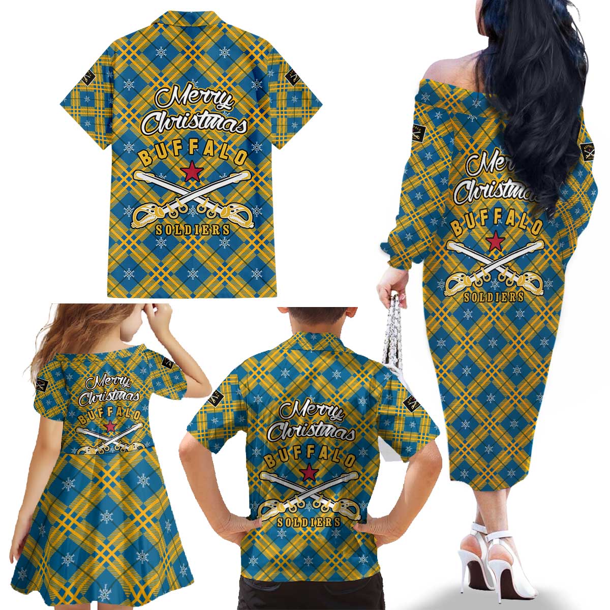 Buffalo Soldiers Christmas Family Matching Off The Shoulder Long Sleeve Dress and Hawaiian Shirt with Blue Yellow Plaid Parade Illustration Design - Wonder Print Shop