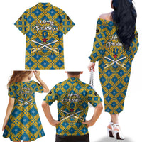 Buffalo Soldiers Christmas Family Matching Off The Shoulder Long Sleeve Dress and Hawaiian Shirt with Blue Yellow Plaid Parade Illustration Design - Wonder Print Shop