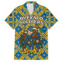 Buffalo Soldiers Christmas Family Matching Off The Shoulder Long Sleeve Dress and Hawaiian Shirt with Blue Yellow Plaid Parade Illustration Design - Wonder Print Shop
