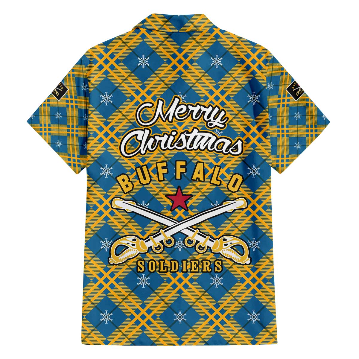 Buffalo Soldiers Christmas Family Matching Off The Shoulder Long Sleeve Dress and Hawaiian Shirt with Blue Yellow Plaid Parade Illustration Design - Wonder Print Shop