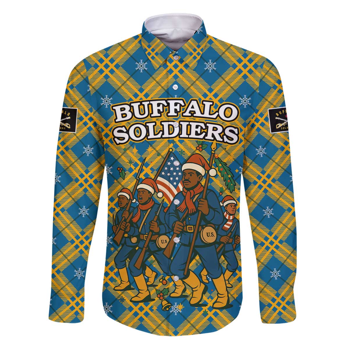 Buffalo Soldiers Christmas Family Matching Off The Shoulder Long Sleeve Dress and Hawaiian Shirt with Blue Yellow Plaid Parade Illustration Design - Wonder Print Shop