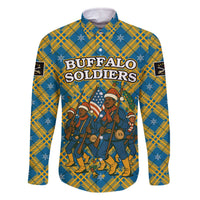 Buffalo Soldiers Christmas Family Matching Off The Shoulder Long Sleeve Dress and Hawaiian Shirt with Blue Yellow Plaid Parade Illustration Design - Wonder Print Shop
