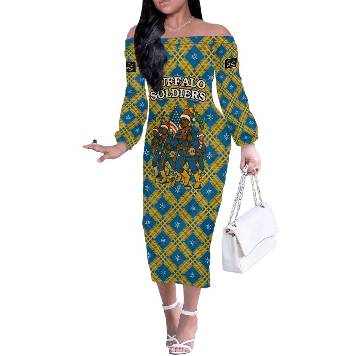 Buffalo Soldiers Christmas Family Matching Off The Shoulder Long Sleeve Dress and Hawaiian Shirt with Blue Yellow Plaid Parade Illustration Design - Wonder Print Shop