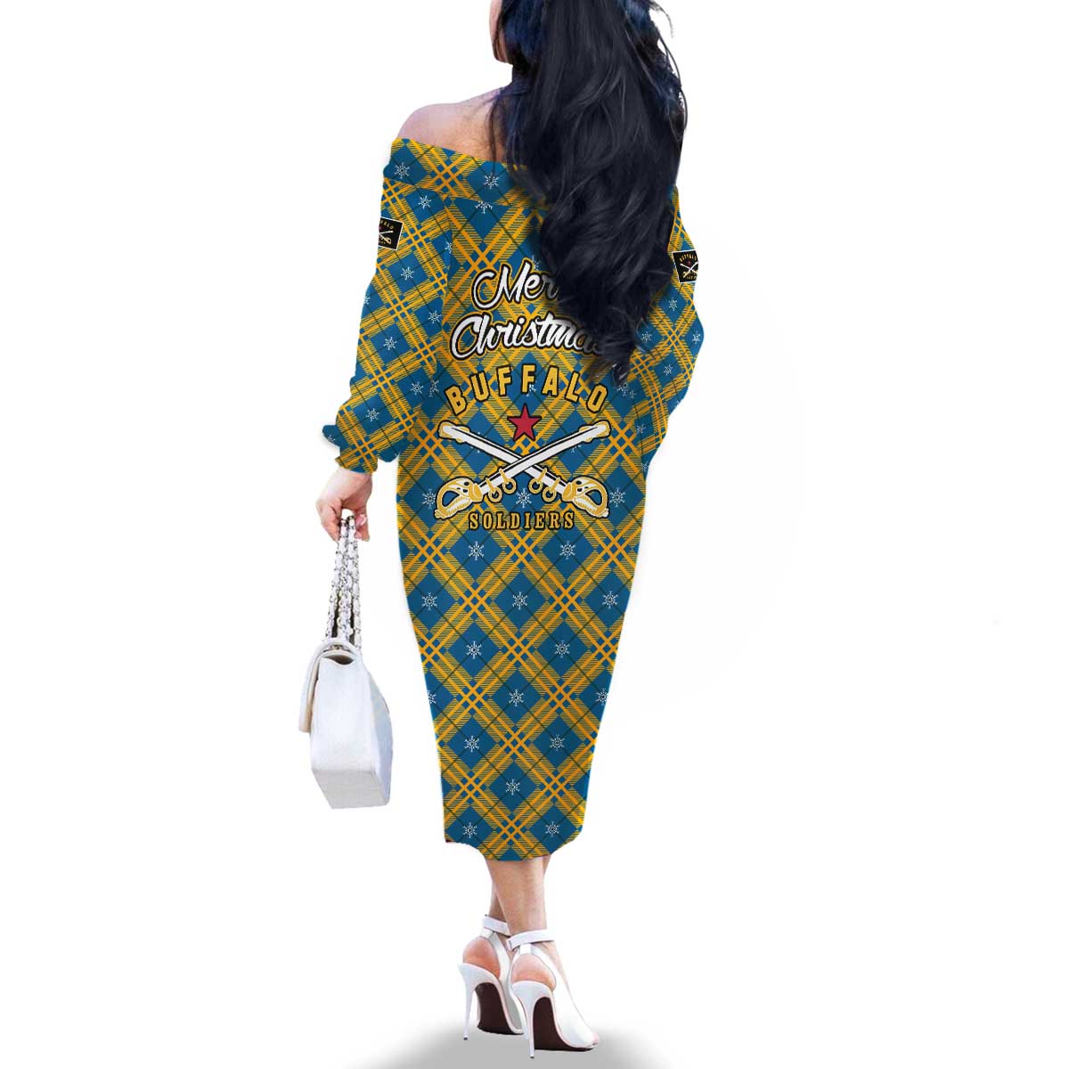 Buffalo Soldiers Christmas Family Matching Off The Shoulder Long Sleeve Dress and Hawaiian Shirt with Blue Yellow Plaid Parade Illustration Design - Wonder Print Shop