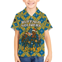 Buffalo Soldiers Christmas Family Matching Off The Shoulder Long Sleeve Dress and Hawaiian Shirt with Blue Yellow Plaid Parade Illustration Design - Wonder Print Shop