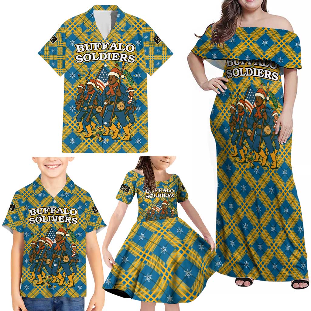 Buffalo Soldiers Christmas Family Matching Off Shoulder Maxi Dress and Hawaiian Shirt with Blue Yellow Plaid Parade Illustration Design - Wonder Print Shop