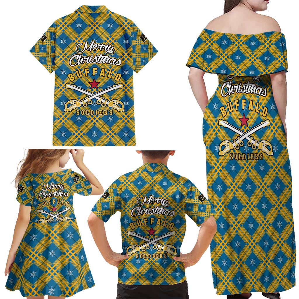 Buffalo Soldiers Christmas Family Matching Off Shoulder Maxi Dress and Hawaiian Shirt with Blue Yellow Plaid Parade Illustration Design - Wonder Print Shop
