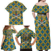 Buffalo Soldiers Christmas Family Matching Off Shoulder Maxi Dress and Hawaiian Shirt with Blue Yellow Plaid Parade Illustration Design - Wonder Print Shop