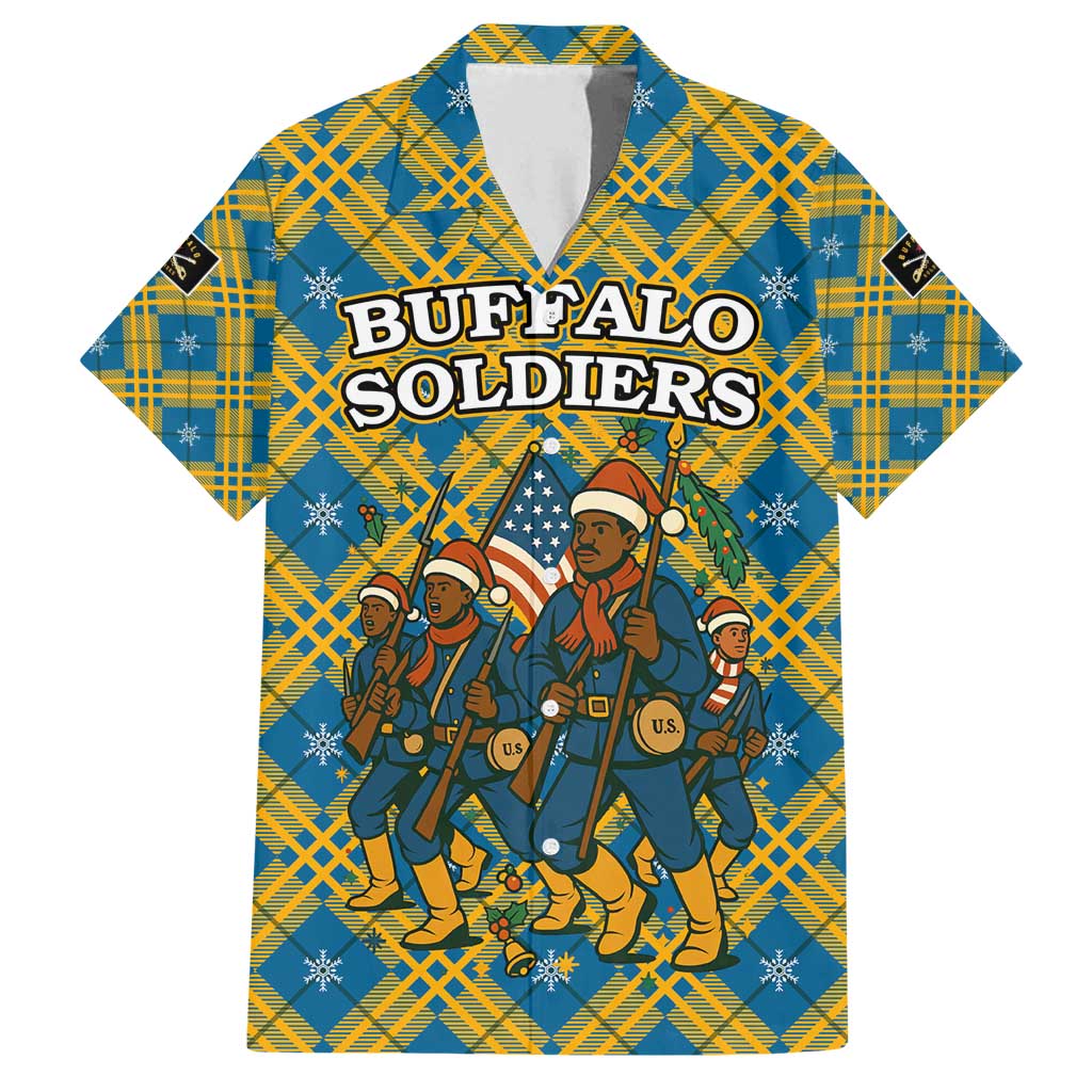 Buffalo Soldiers Christmas Family Matching Off Shoulder Maxi Dress and Hawaiian Shirt with Blue Yellow Plaid Parade Illustration Design - Wonder Print Shop