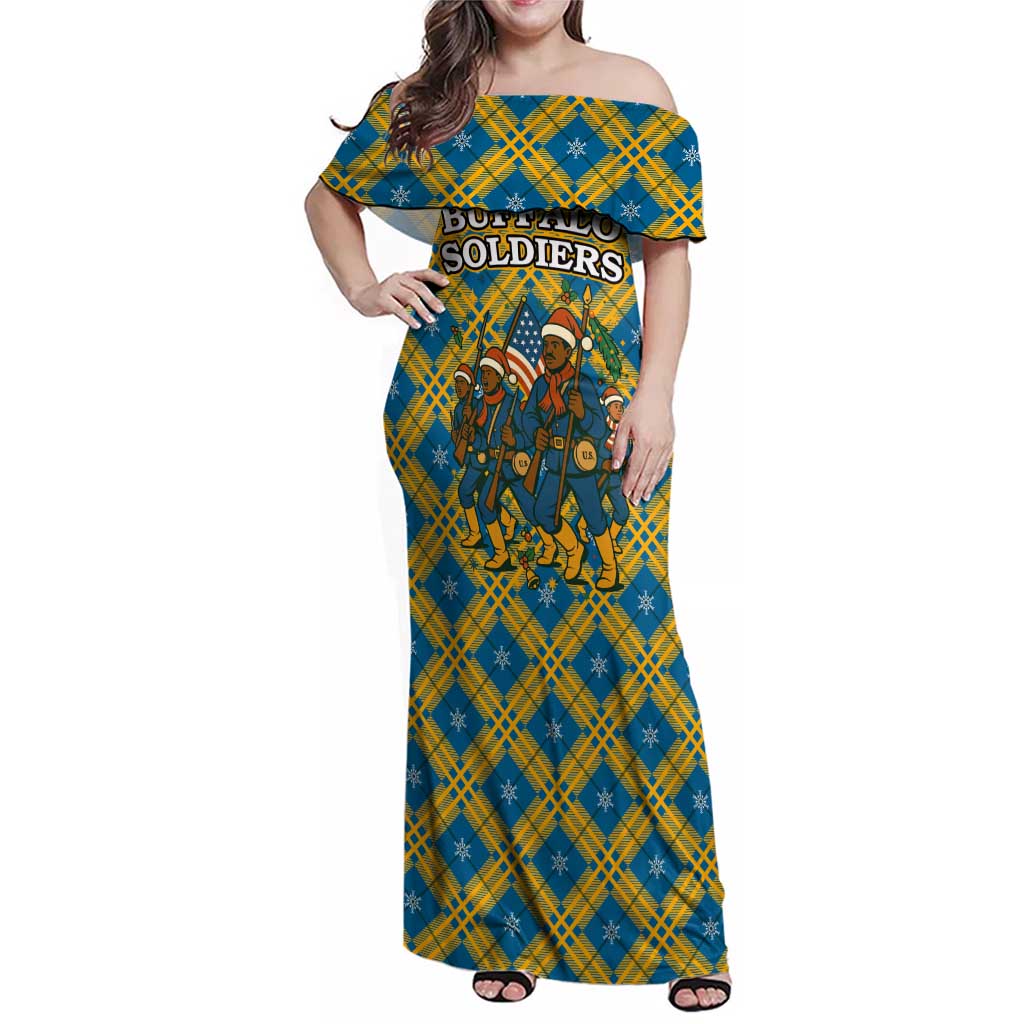 Buffalo Soldiers Christmas Family Matching Off Shoulder Maxi Dress and Hawaiian Shirt with Blue Yellow Plaid Parade Illustration Design - Wonder Print Shop