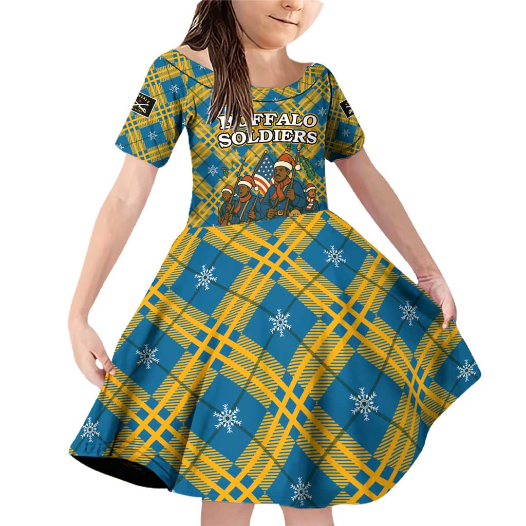 Buffalo Soldiers Christmas Family Matching Off Shoulder Short Dress and Hawaiian Shirt with Blue Yellow Plaid Parade Illustration Design - Wonder Print Shop