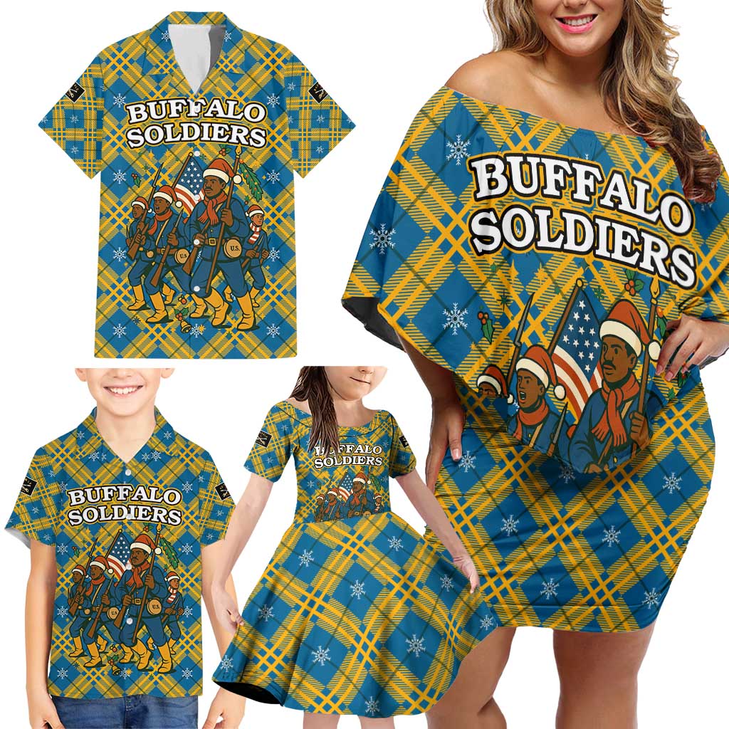 Buffalo Soldiers Christmas Family Matching Off Shoulder Short Dress and Hawaiian Shirt with Blue Yellow Plaid Parade Illustration Design - Wonder Print Shop