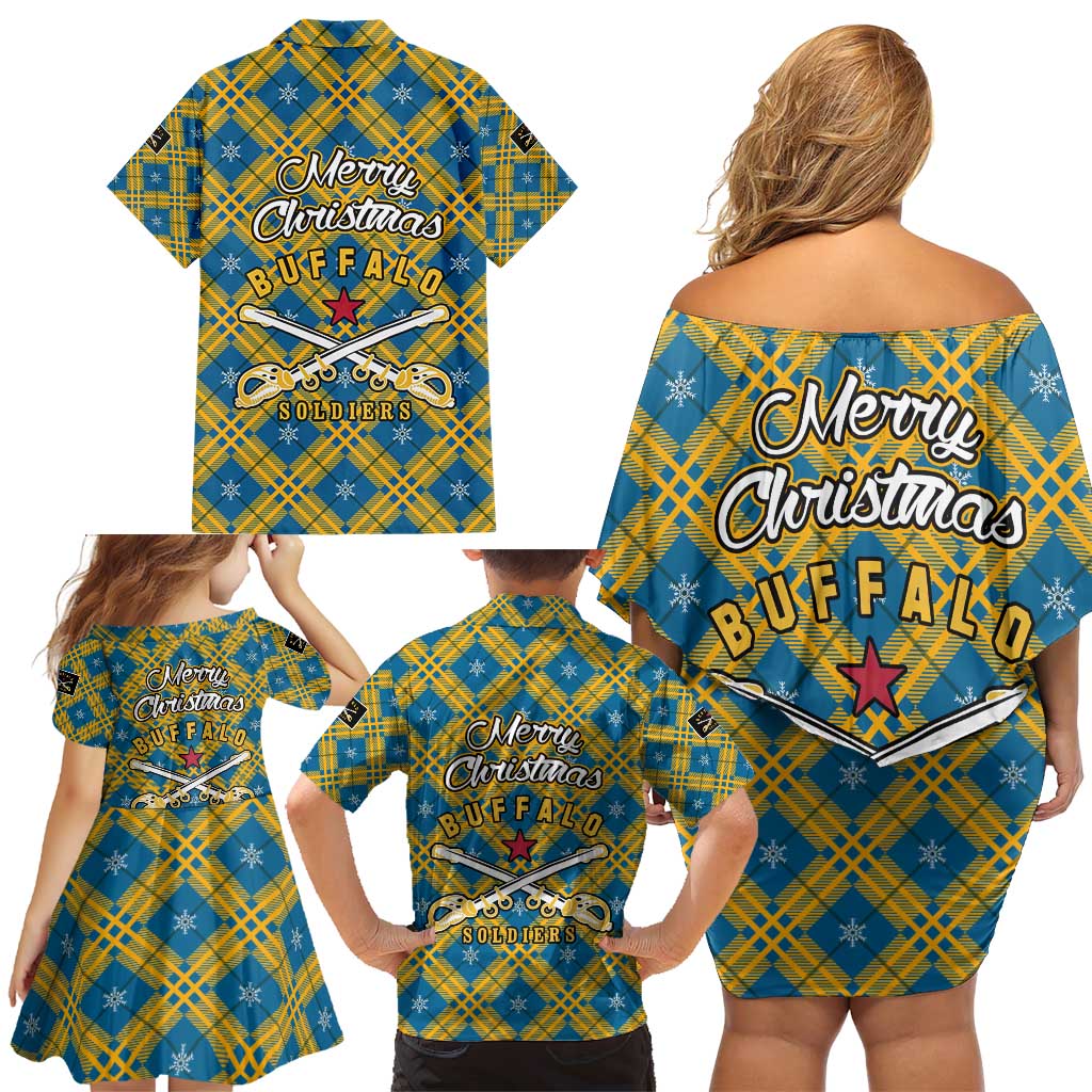 Buffalo Soldiers Christmas Family Matching Off Shoulder Short Dress and Hawaiian Shirt with Blue Yellow Plaid Parade Illustration Design - Wonder Print Shop