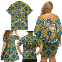 Buffalo Soldiers Christmas Family Matching Off Shoulder Short Dress and Hawaiian Shirt with Blue Yellow Plaid Parade Illustration Design - Wonder Print Shop