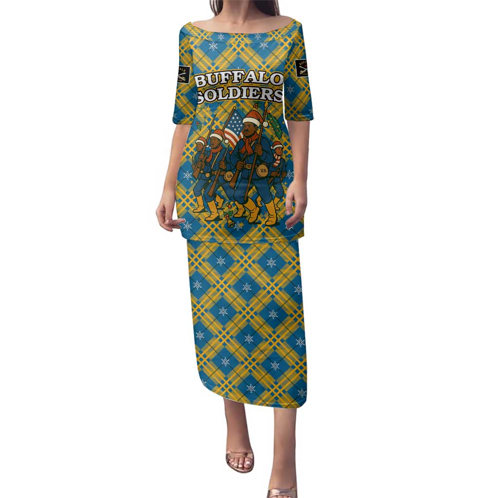 Buffalo Soldiers Christmas Family Matching Puletasi and Hawaiian Shirt with Blue Yellow Plaid Parade Illustration Design - Wonder Print Shop