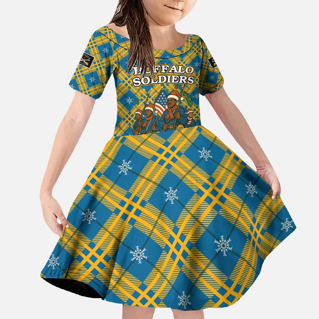 Buffalo Soldiers Christmas Family Matching Short Sleeve Bodycon Dress and Hawaiian Shirt with Blue Yellow Plaid Parade Illustration Design - Wonder Print Shop