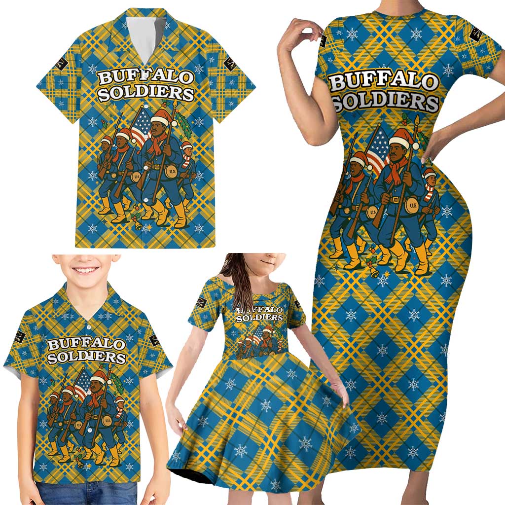Buffalo Soldiers Christmas Family Matching Short Sleeve Bodycon Dress and Hawaiian Shirt with Blue Yellow Plaid Parade Illustration Design - Wonder Print Shop
