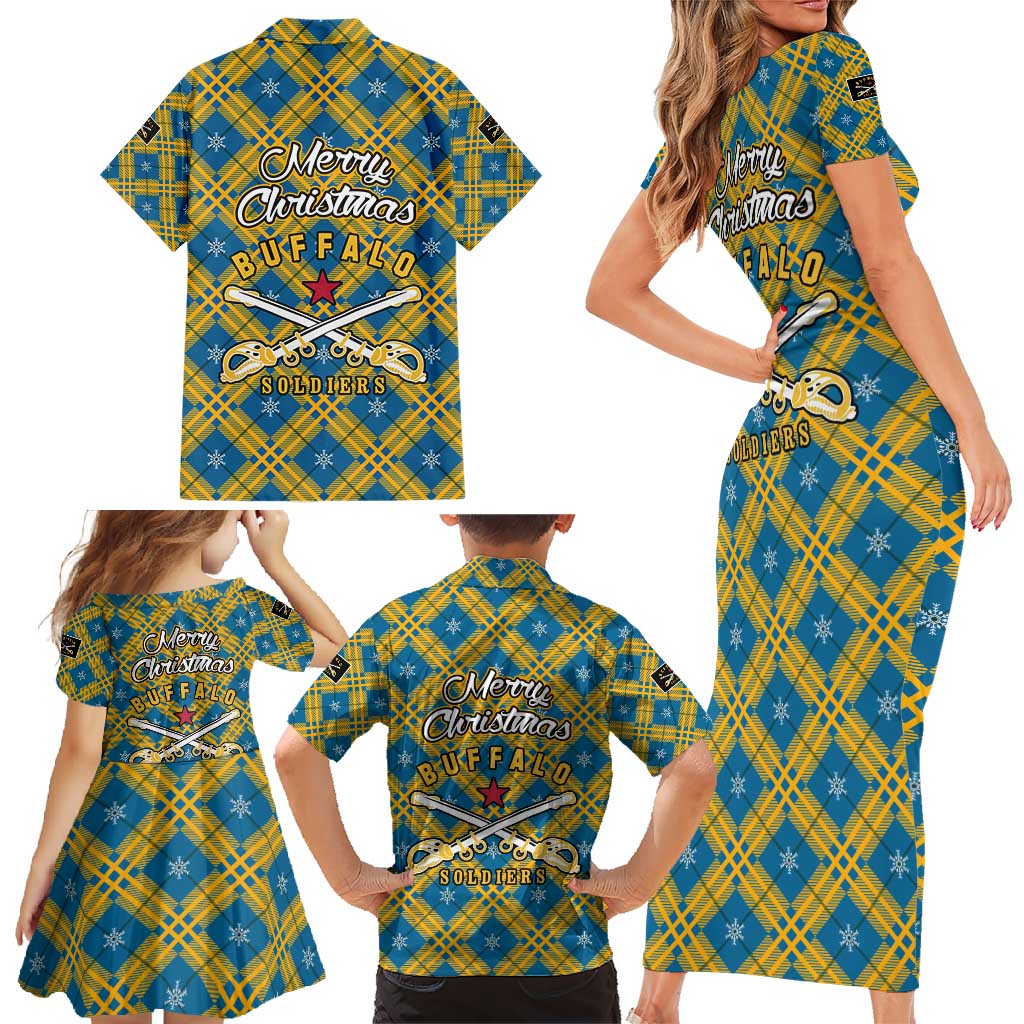 Buffalo Soldiers Christmas Family Matching Short Sleeve Bodycon Dress and Hawaiian Shirt with Blue Yellow Plaid Parade Illustration Design - Wonder Print Shop