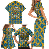 Buffalo Soldiers Christmas Family Matching Short Sleeve Bodycon Dress and Hawaiian Shirt with Blue Yellow Plaid Parade Illustration Design - Wonder Print Shop