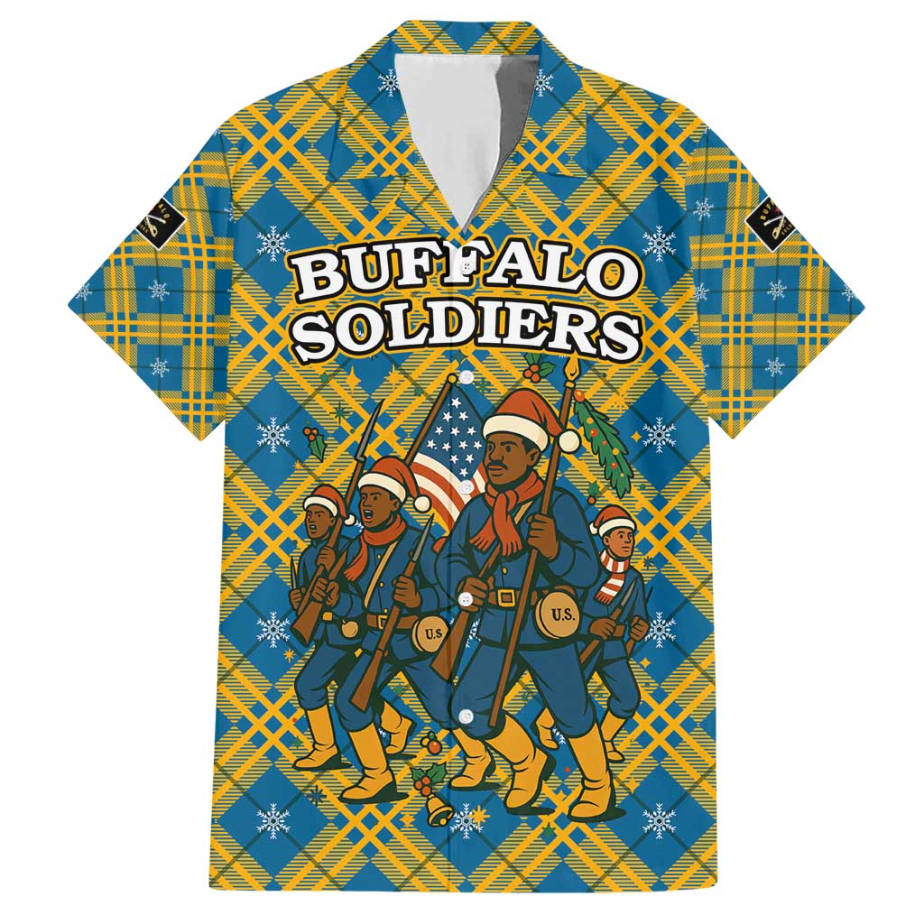 Buffalo Soldiers Christmas Family Matching Short Sleeve Bodycon Dress and Hawaiian Shirt with Blue Yellow Plaid Parade Illustration Design - Wonder Print Shop