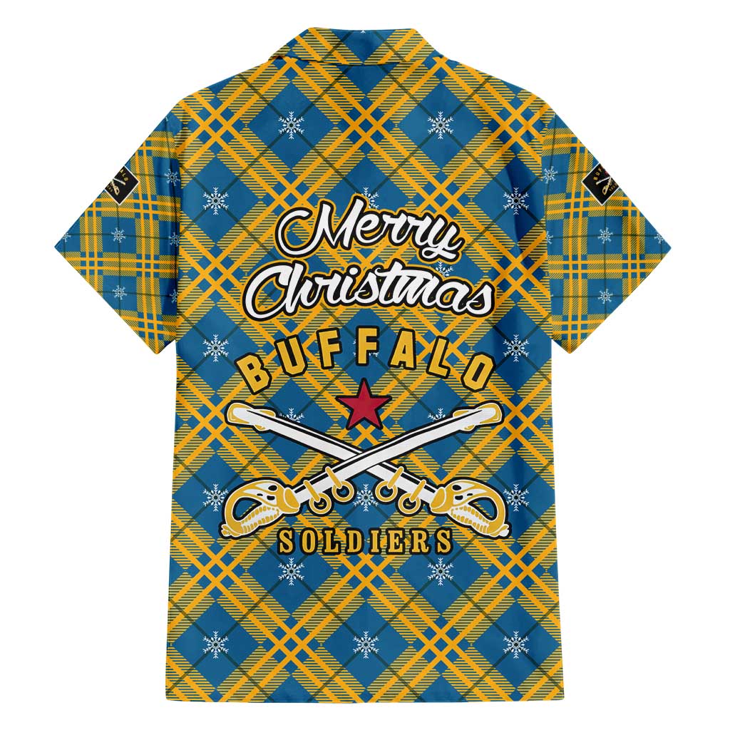 Buffalo Soldiers Christmas Family Matching Short Sleeve Bodycon Dress and Hawaiian Shirt with Blue Yellow Plaid Parade Illustration Design - Wonder Print Shop